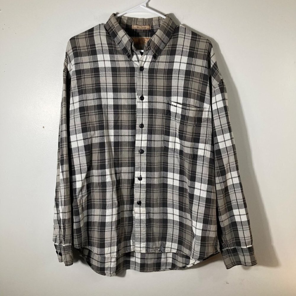 Mens Vintage Guess Cotton‎ Textured Plaid LS Button Shirt Brown Tan L